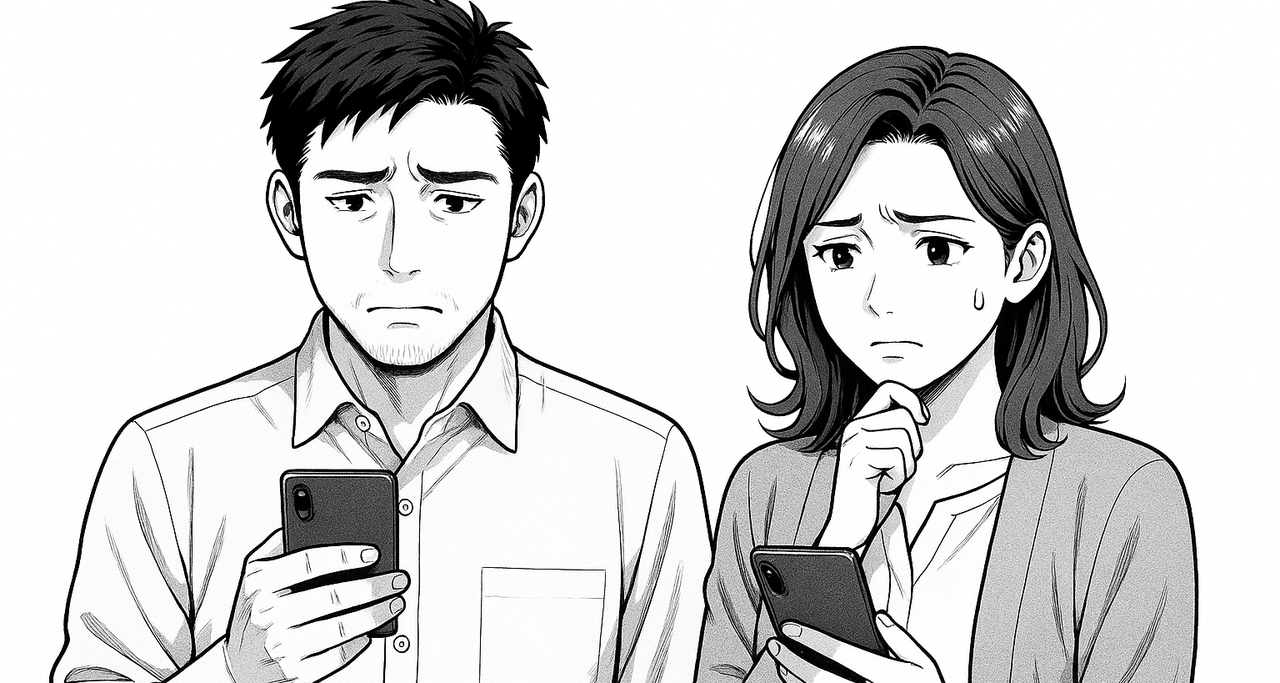スマホを見て集客に悩む2人の経営者